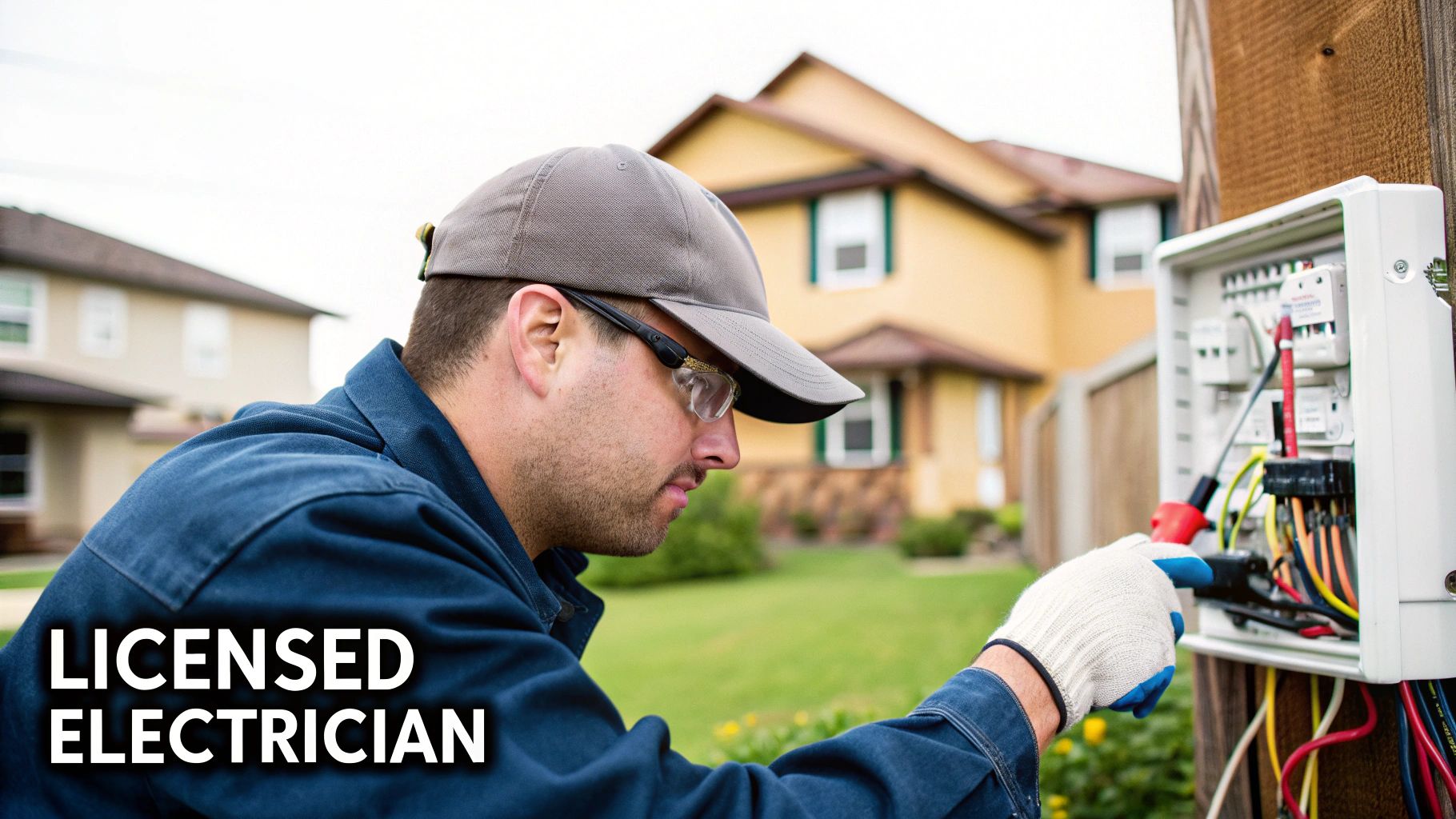 A licensed electrician in safety glasses and gloves works on an outdoor electrical panel with wires.