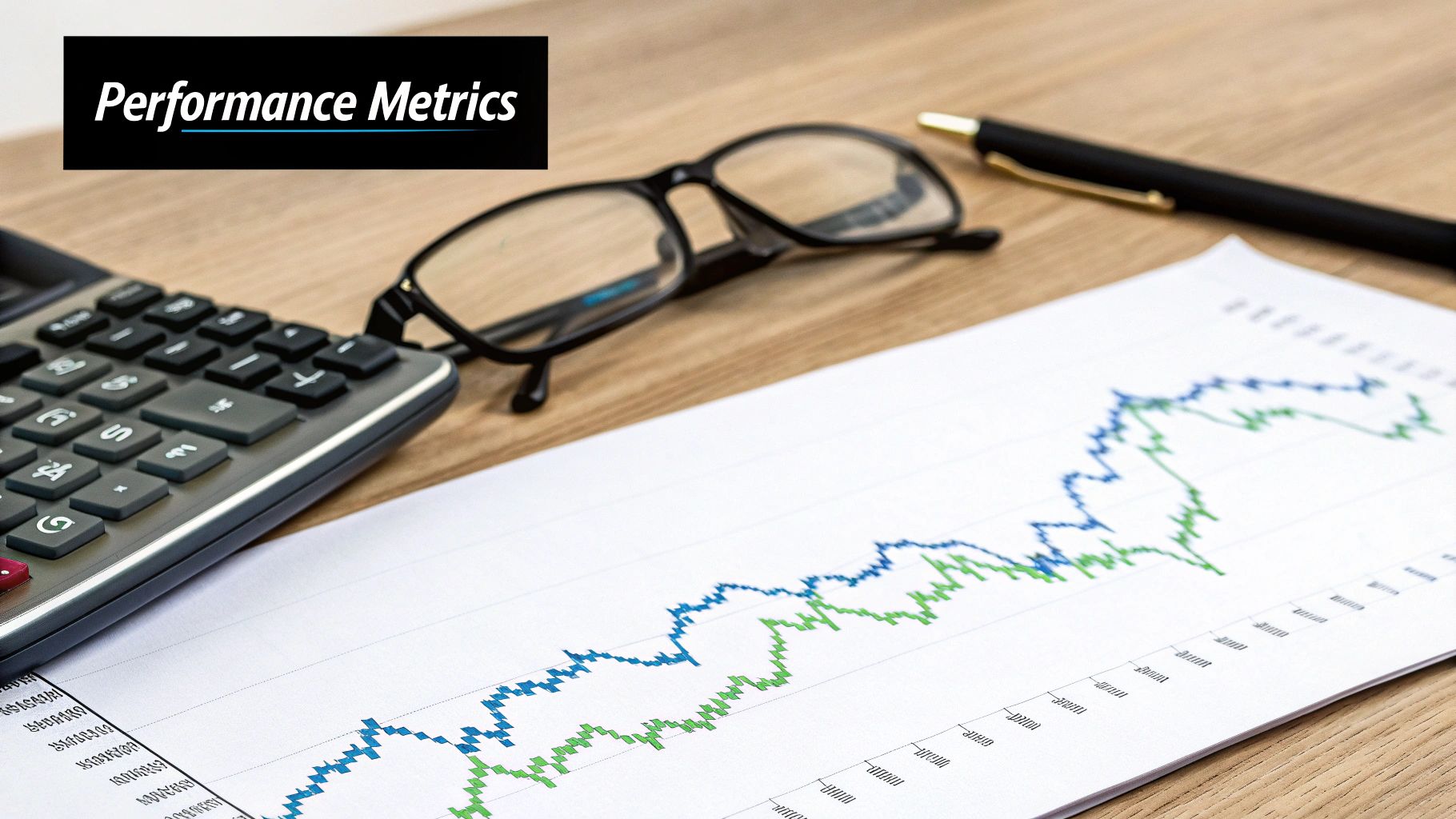 Financial performance metrics chart with a calculator, glasses, and pen on a wooden desk.