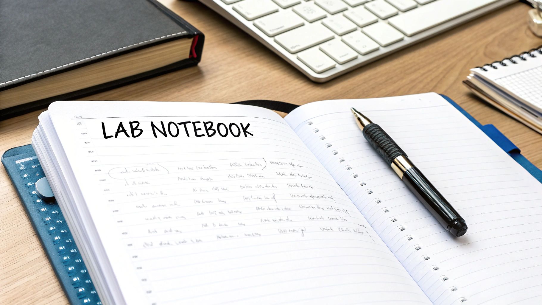 A close-up of a person's hands writing in a journal with trading charts visible on a monitor in the background.