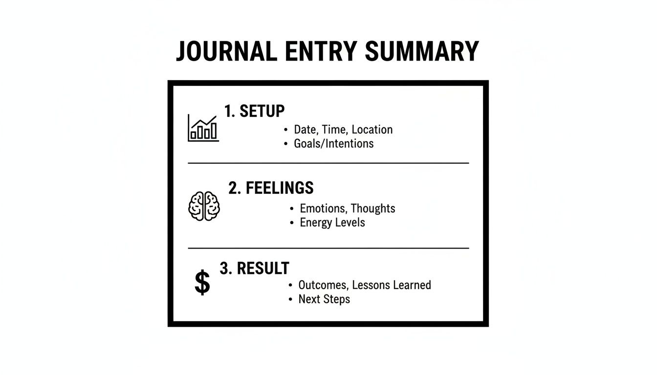 A journal entry summary outline displaying three sections: Setup, Feelings, and Result, with bulleted details.
