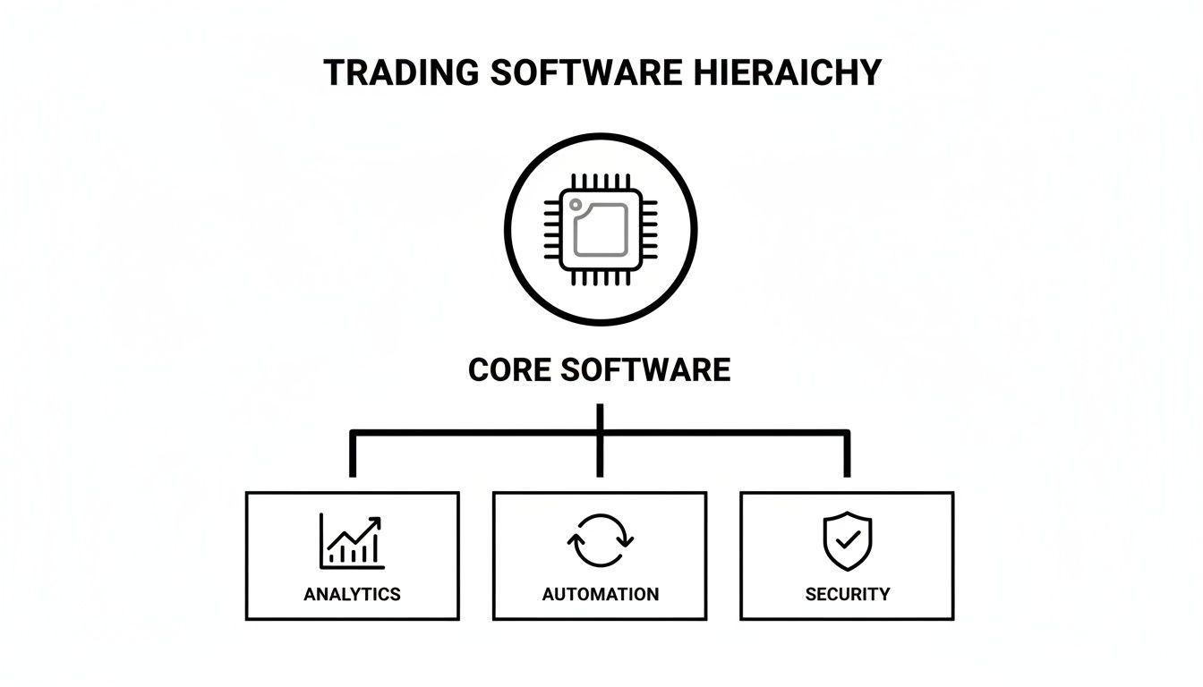 Hierarchy diagram illustrating trading software's core, analytics, automation, and security components.