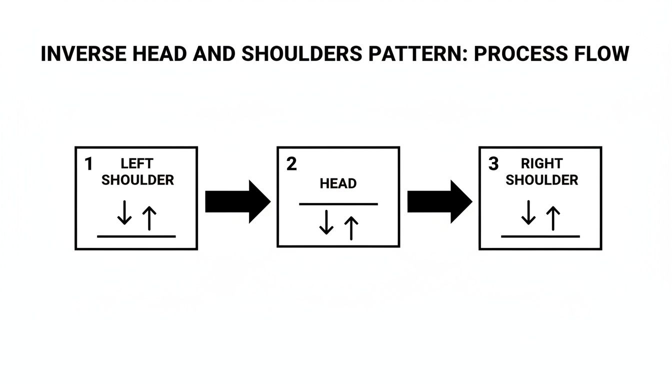 Diagram illustrating the inverse head and shoulders pattern process flow, showing left shoulder, head, and right shoulder.