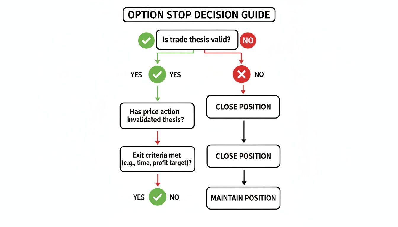 Flowchart guiding option traders on when to close or maintain a position based on trade thesis.