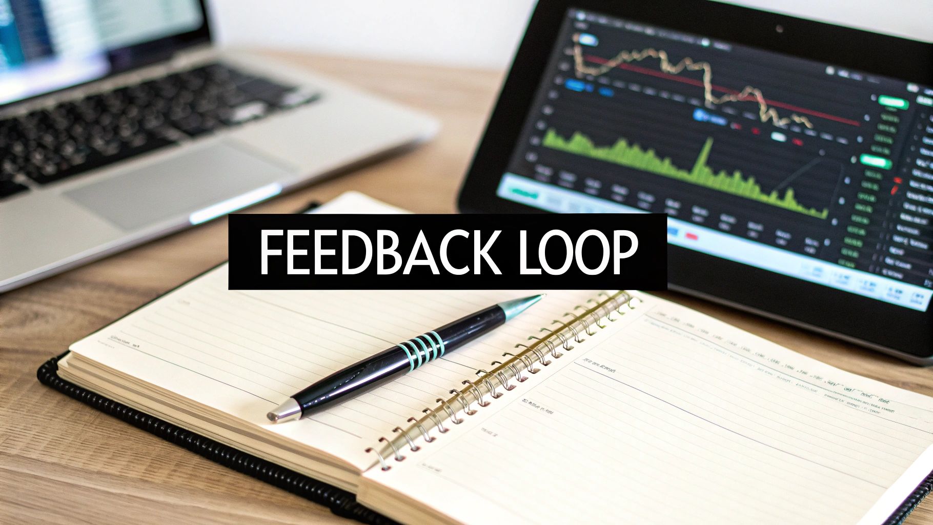A desk with a laptop, a tablet showing stock market charts, an open notebook, and a 'FEEDBACK LOOP' banner.