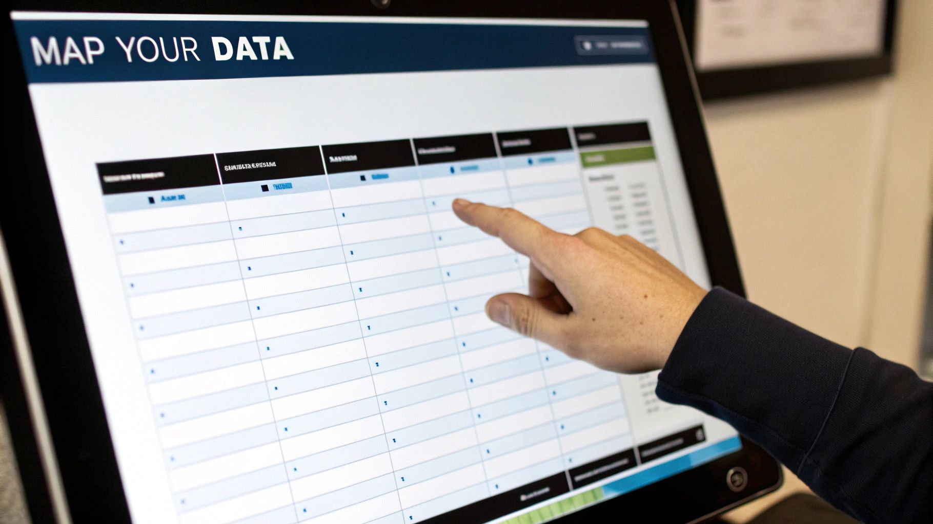 Close-up of a hand interacting with a digital spreadsheet on a large touchscreen monitor, mapping data.