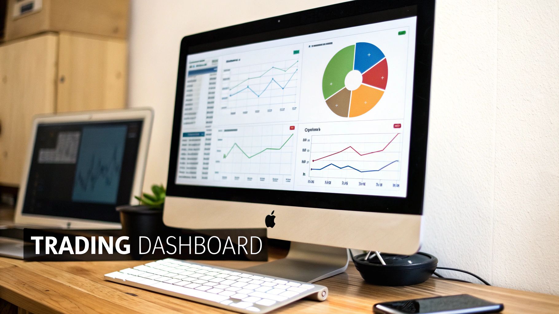 An iMac displays a trading dashboard with financial charts and graphs on a wooden desk with a keyboard and laptop.