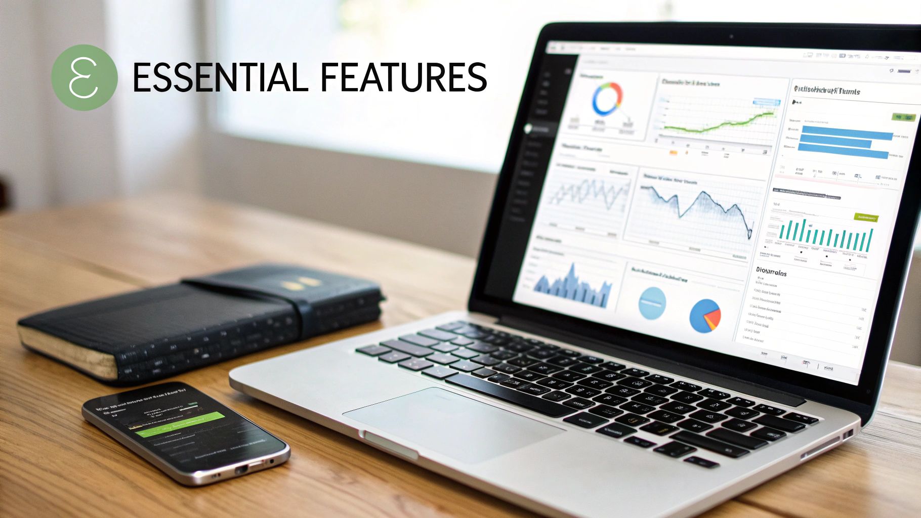 Laptop showing a business analytics dashboard with charts, a smartphone, and a journal on a desk.