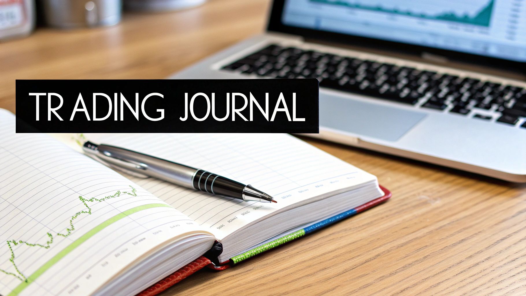 A trading journal with a pen on a wooden desk, next to a laptop displaying financial charts. A trading journal with a pen on a wooden desk, next to a laptop displaying financial charts.