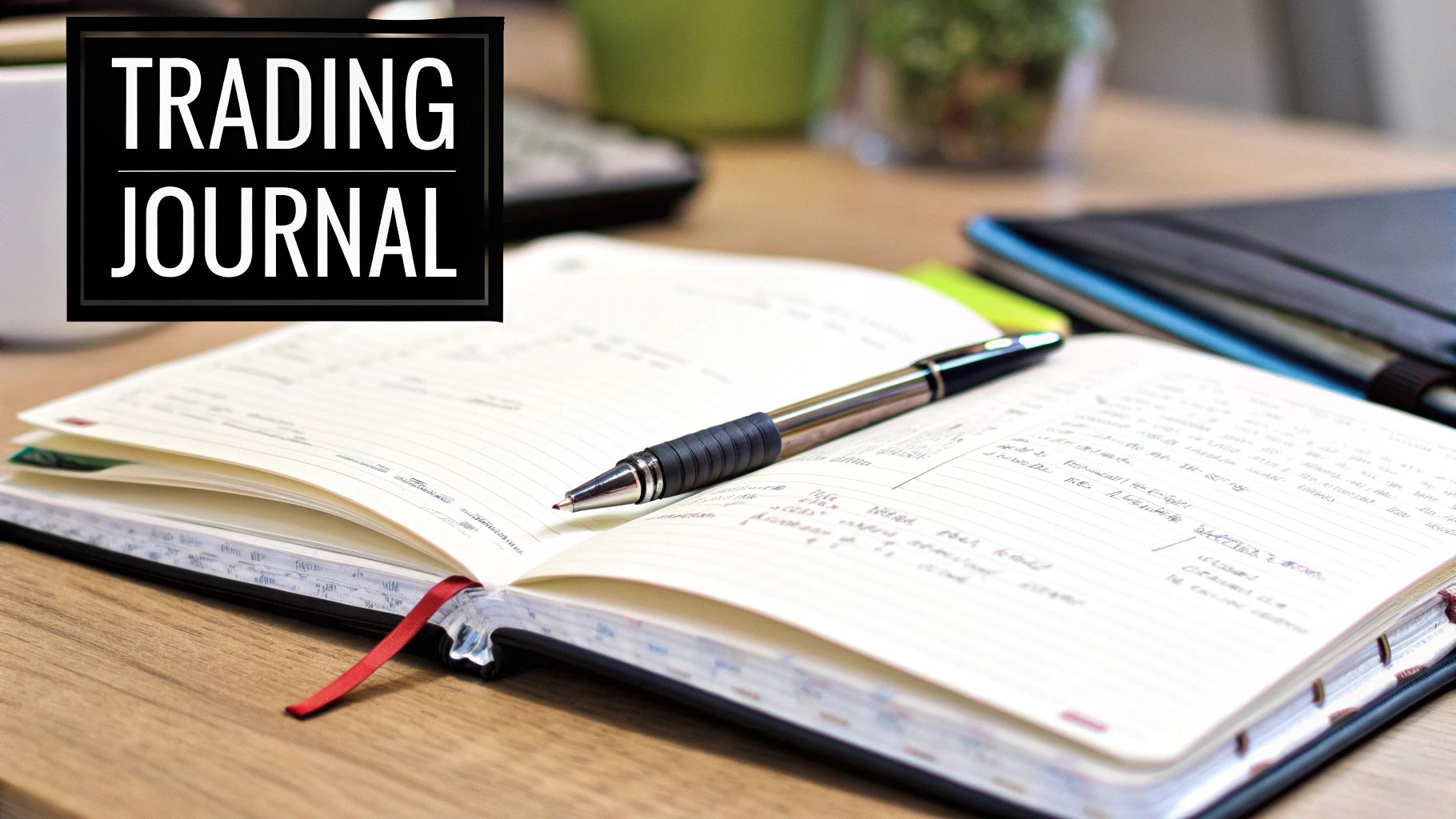 An open 'TRADING JOURNAL' notebook with a pen on a wooden desk, showing handwritten notes.