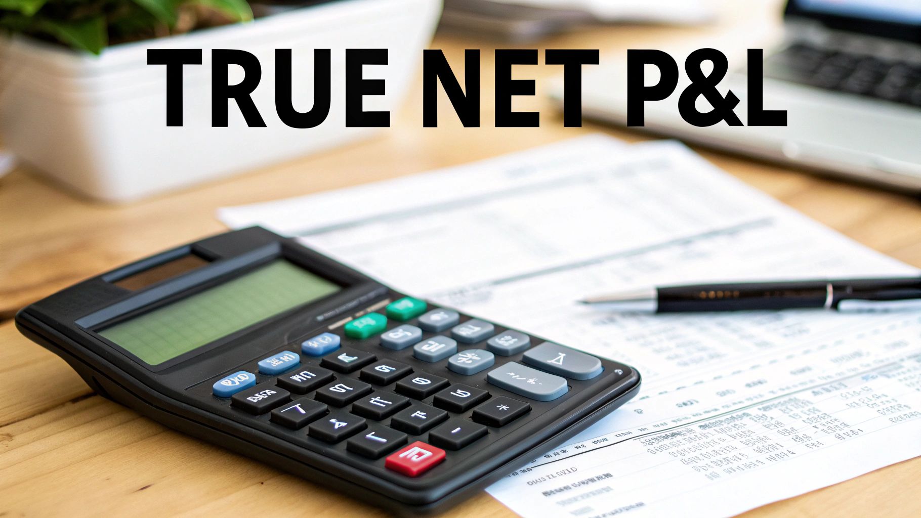 A calculator, pen, and financial papers on a wooden desk illustrating profit and loss.