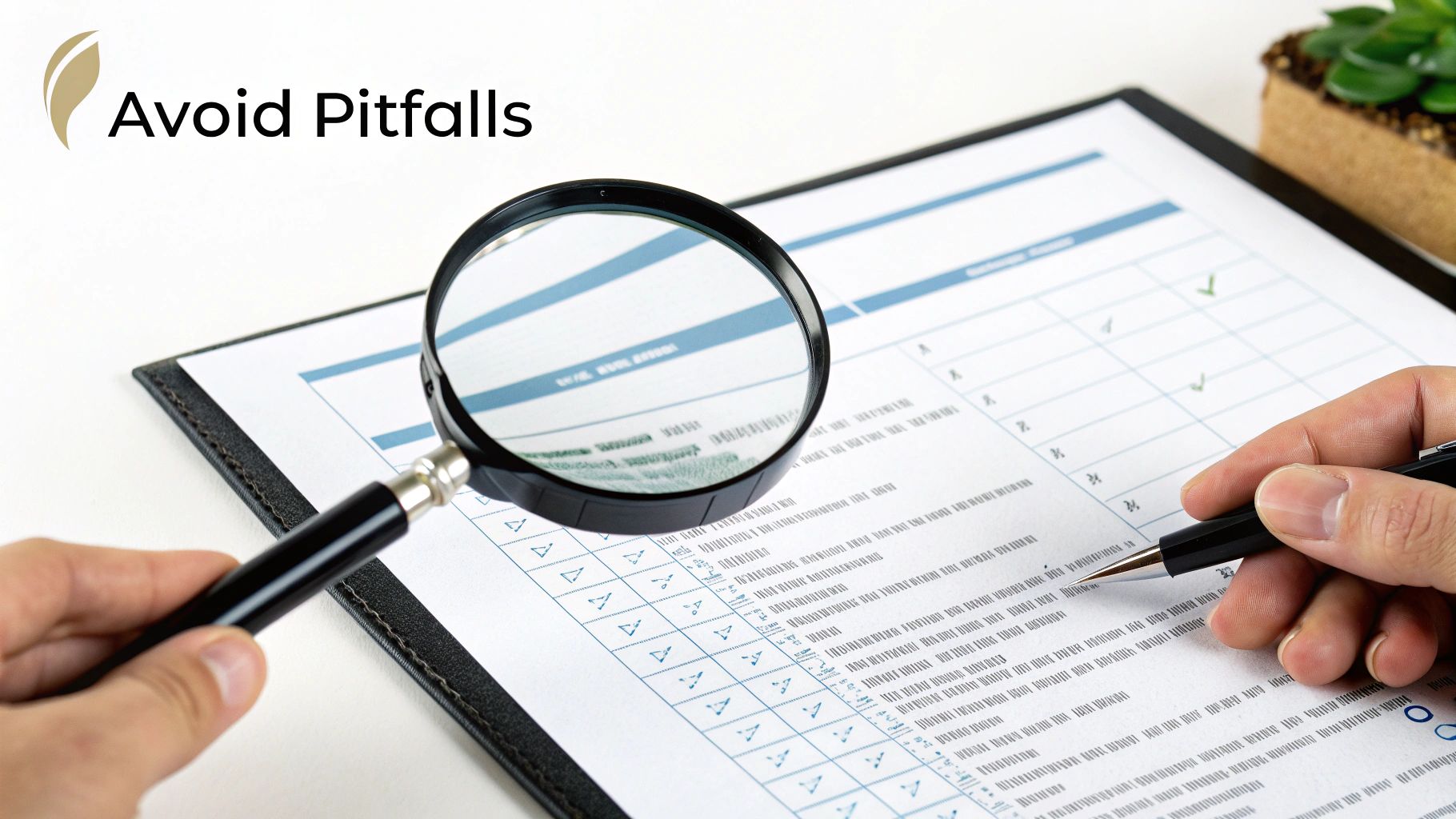 A person uses a magnifying glass and pen to review a document with checkboxes, emphasizing careful examination.