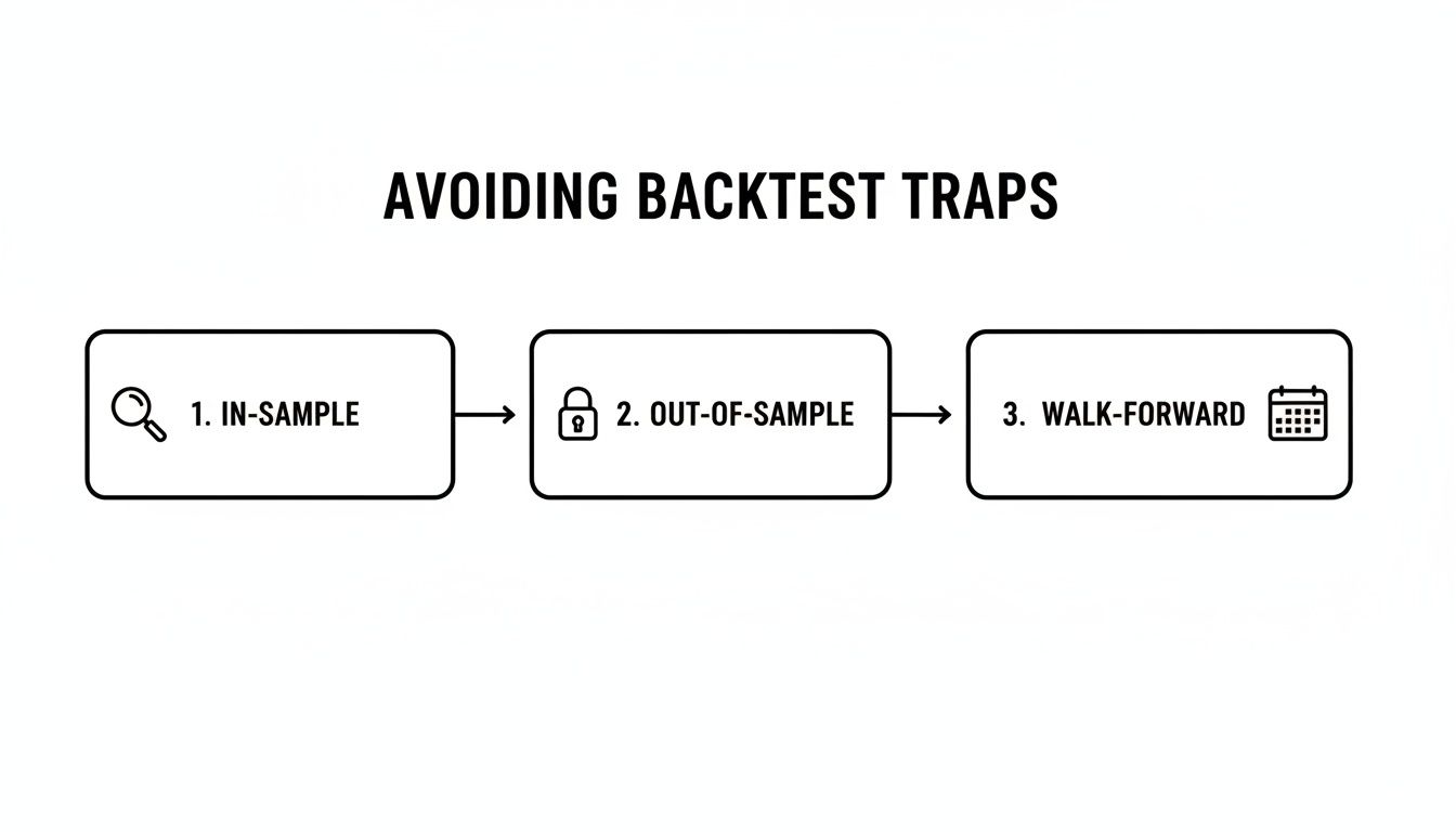 Flowchart illustrating three steps to avoid backtest traps: in-sample, out-of-sample, and walk-forward analysis.