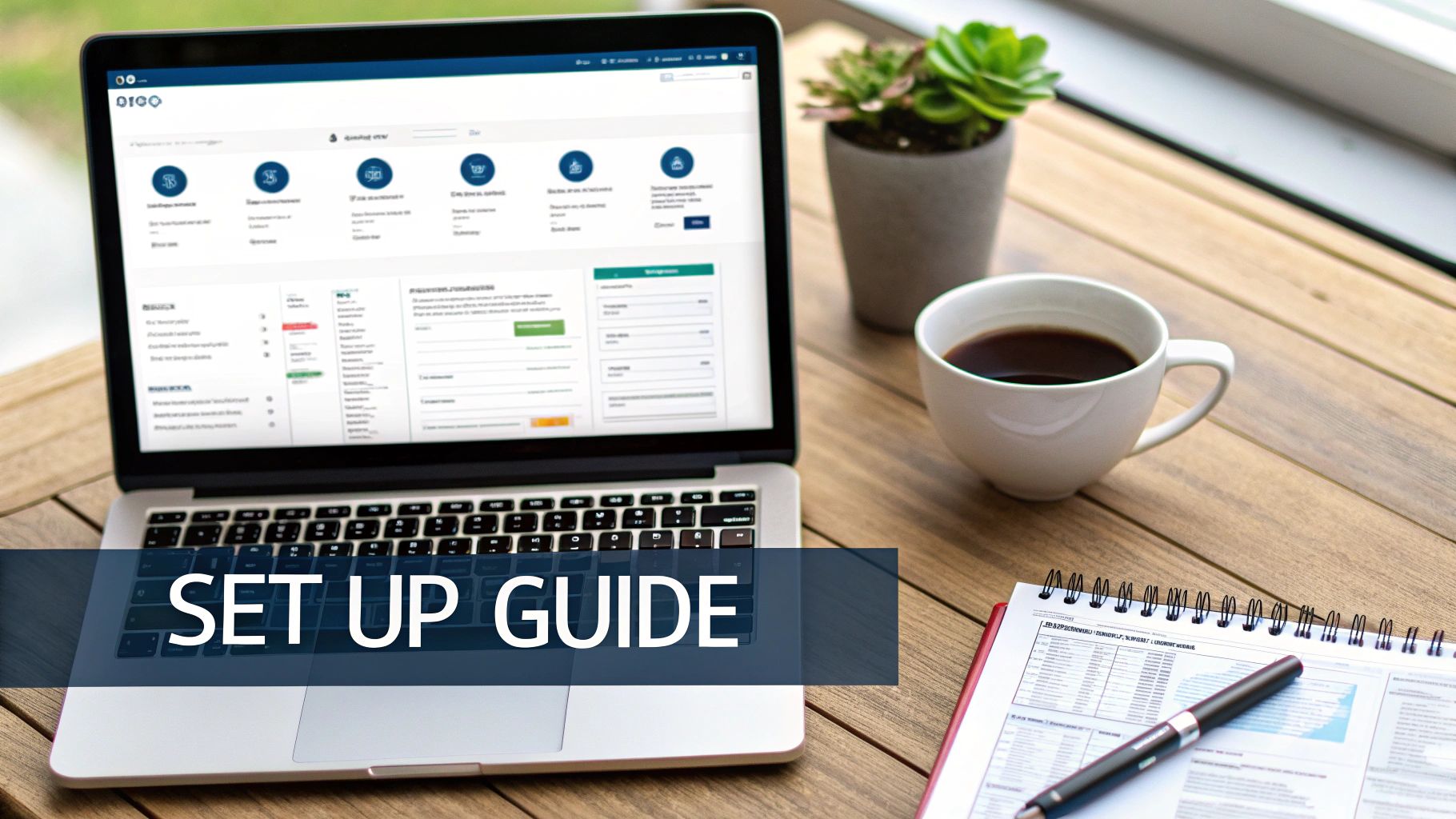 Laptop displaying a setup guide on a wooden table with coffee, a plant, and a notebook.