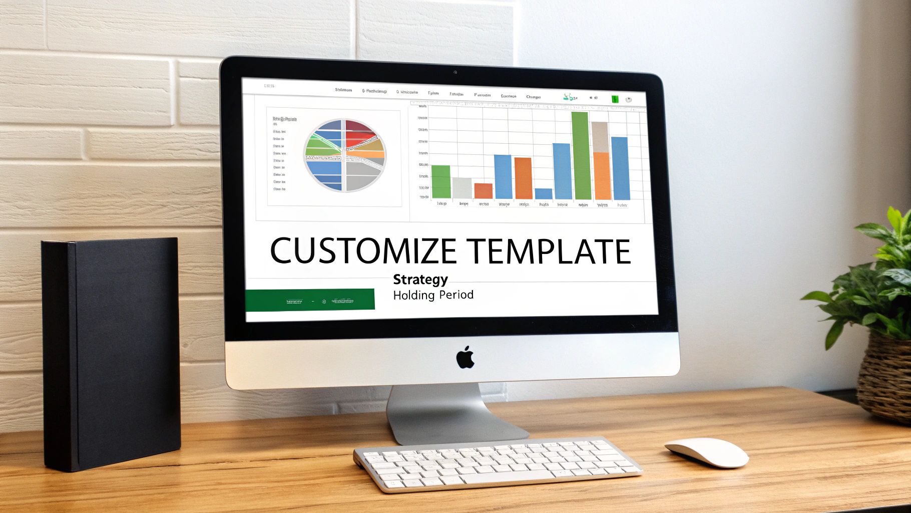 A modern desktop setup featuring an iMac displaying a financial template with charts and data. A modern desktop setup featuring an iMac displaying a financial template with charts and data.