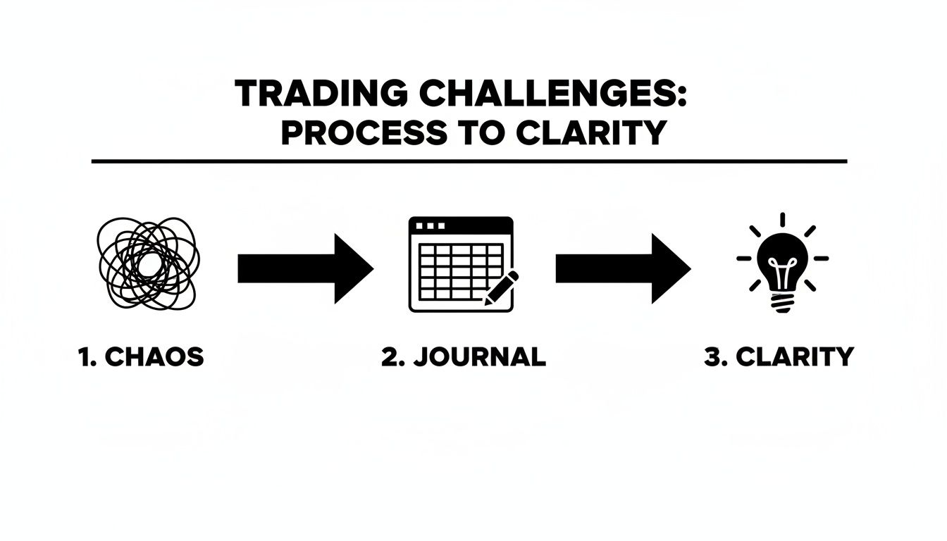 Diagram illustrating the journey from trading chaos to clarity through journaling. Diagram illustrating the journey from trading chaos to clarity through journaling.