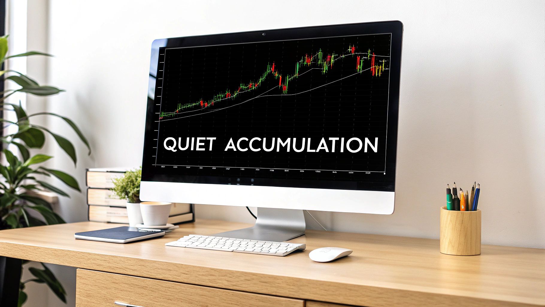 A computer monitor displays a stock chart and 'QUIET ACCUMULATION' text on a wooden desk.