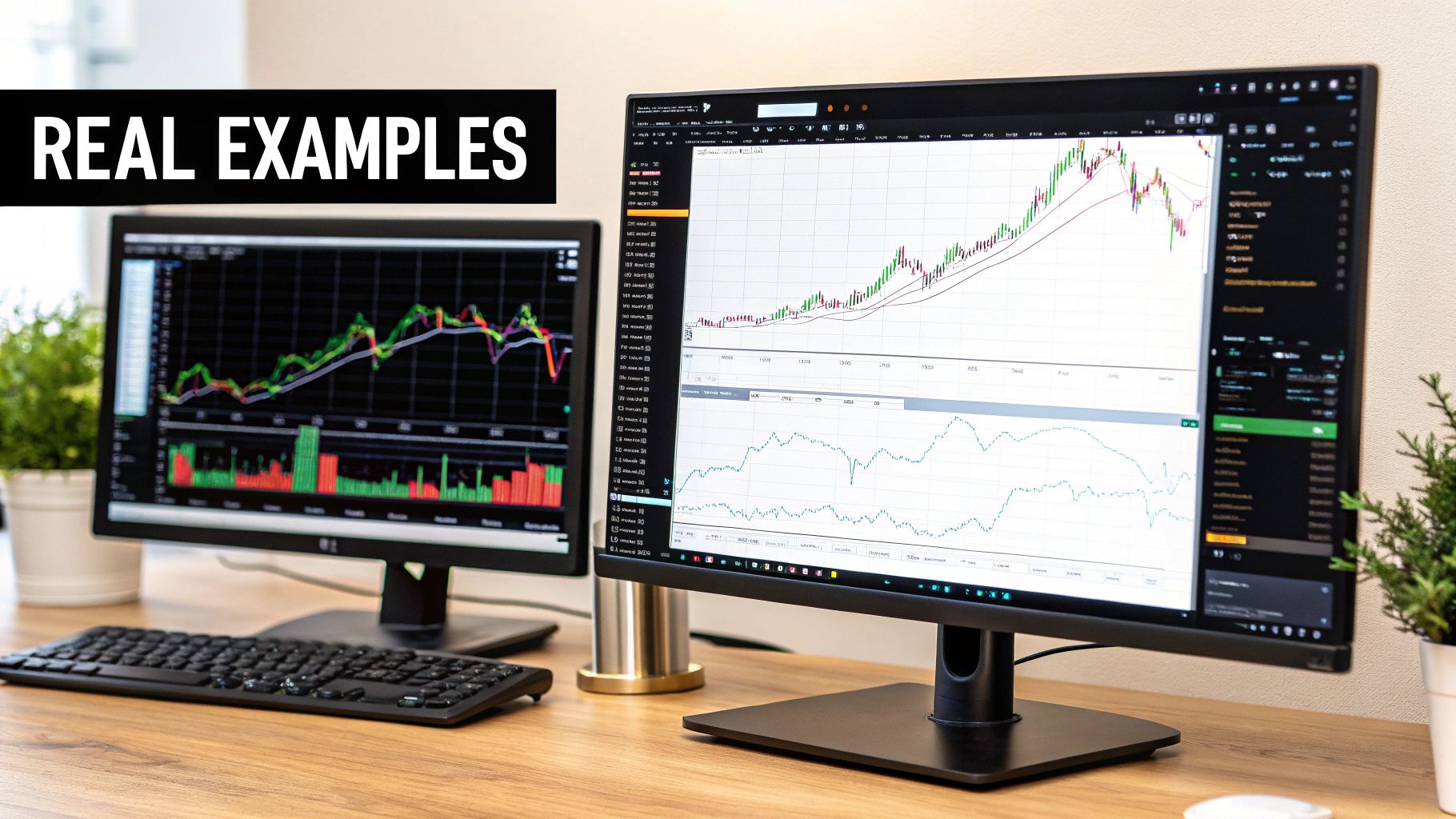 Two computer monitors displaying financial trading charts and data on a wooden desk, showing real examples.