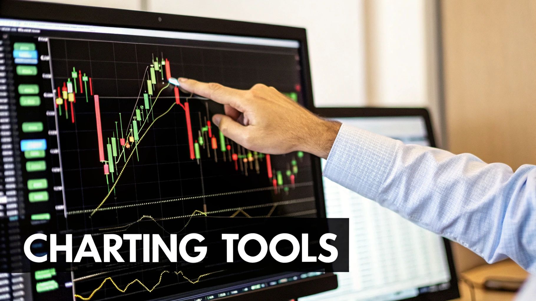 A person's hand points to a stock market chart on a black monitor, with 'CHARTING TOOLS' text.