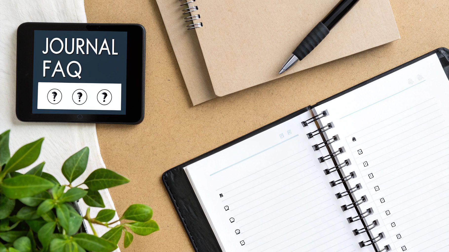 Overhead shot of a desk with a tablet displaying 'JOURNAL FAQ', notebooks, a pen, and a green plant. Overhead shot of a desk with a tablet displaying 'JOURNAL FAQ', notebooks, a pen, and a green plant.