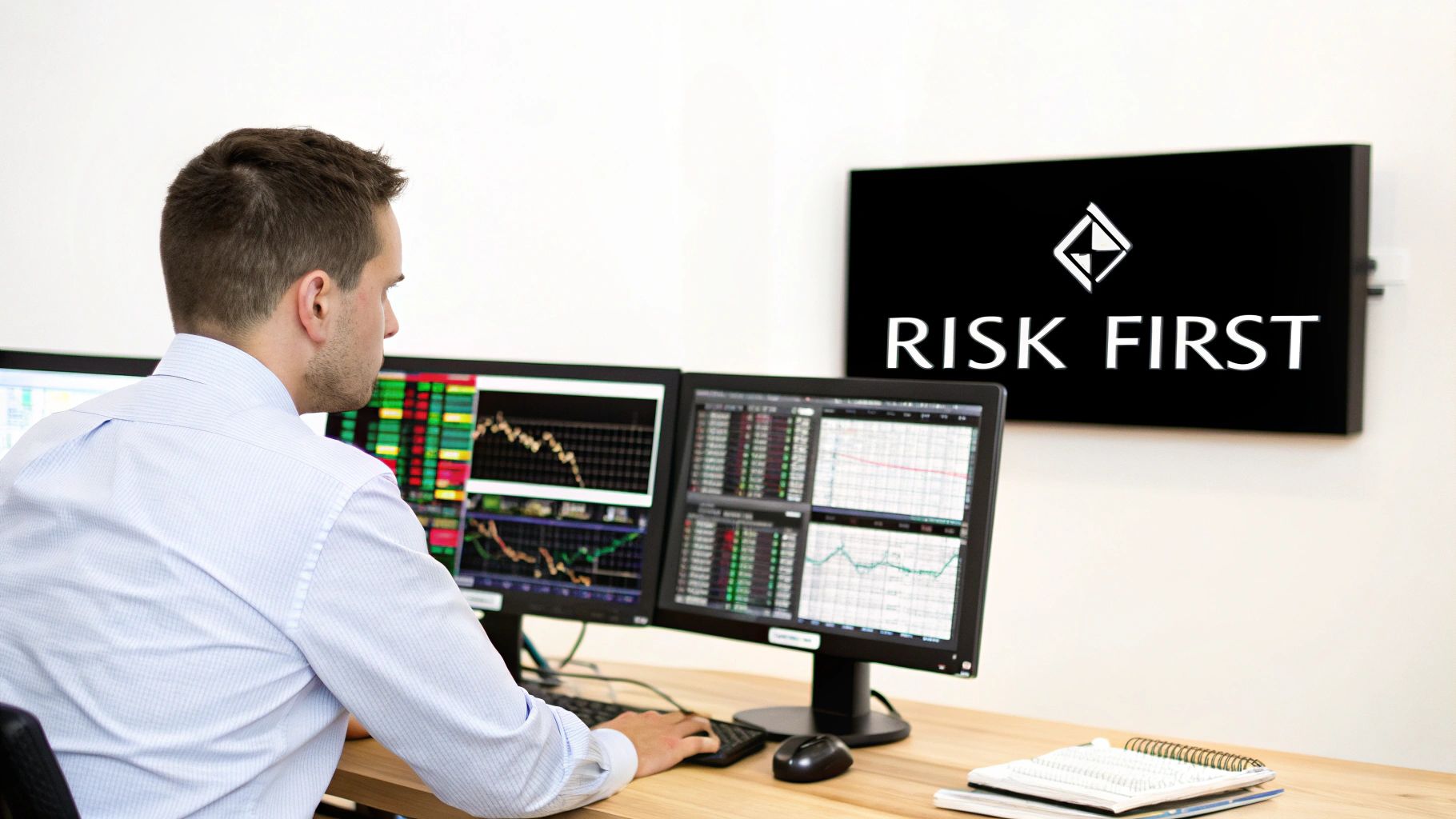 A trader analyzing risk management charts on multiple computer screens. A trader analyzing risk management charts on multiple computer screens.