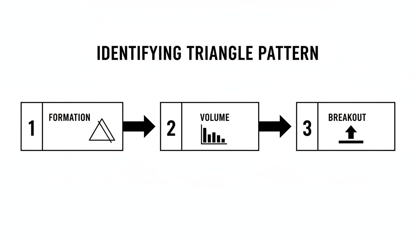 Diagram illustrating the three steps to identify a triangle pattern: formation, decreasing volume, and breakout.