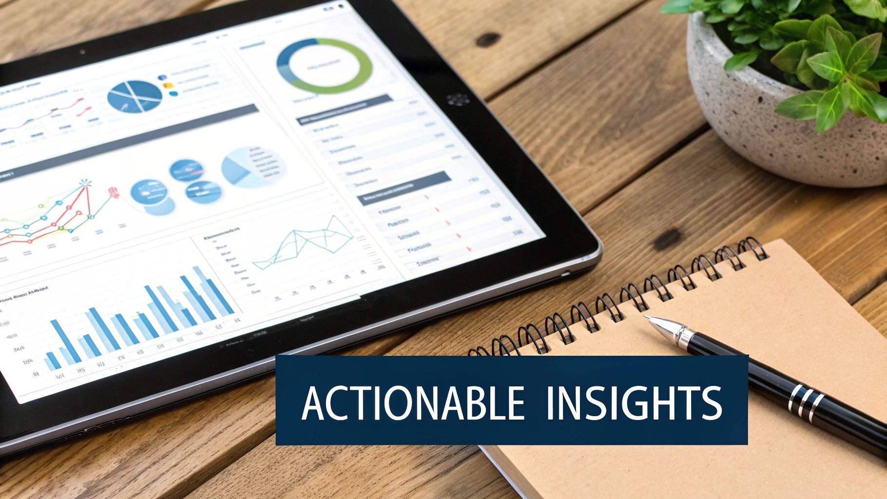 Tablet displaying data visualizations and "ACTIONABLE INSIGHTS" text, with a notebook and pen on a wooden desk.