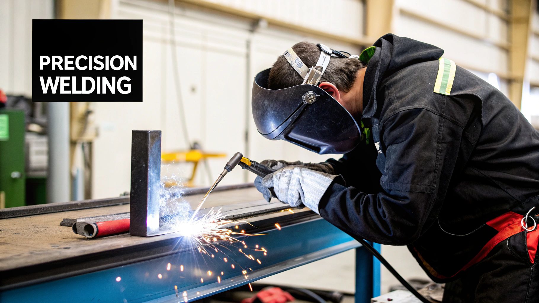 A certified welding specialist wearing protective gear works on a metal structure, with sparks flying.