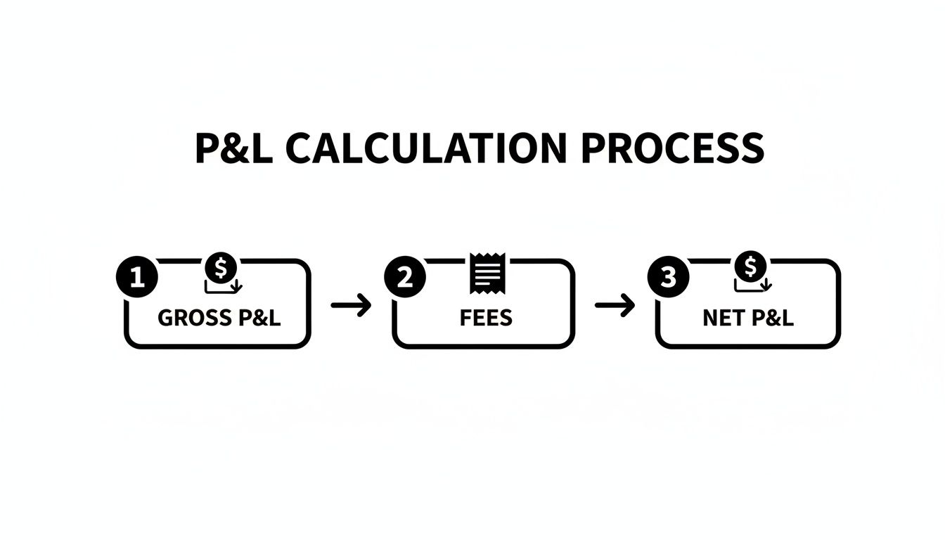 Flowchart illustrating the P&L calculation process: Gross P&L minus Fees equals Net P&L.