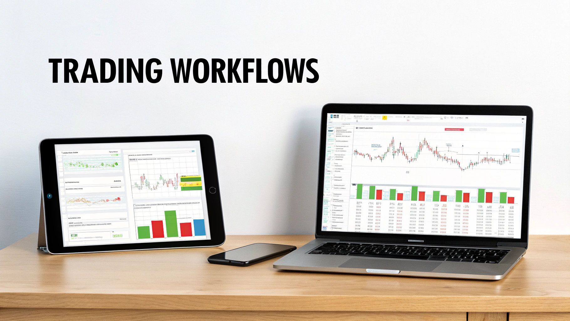 A laptop, tablet, and smartphone displaying financial trading charts and data on a wooden desk.