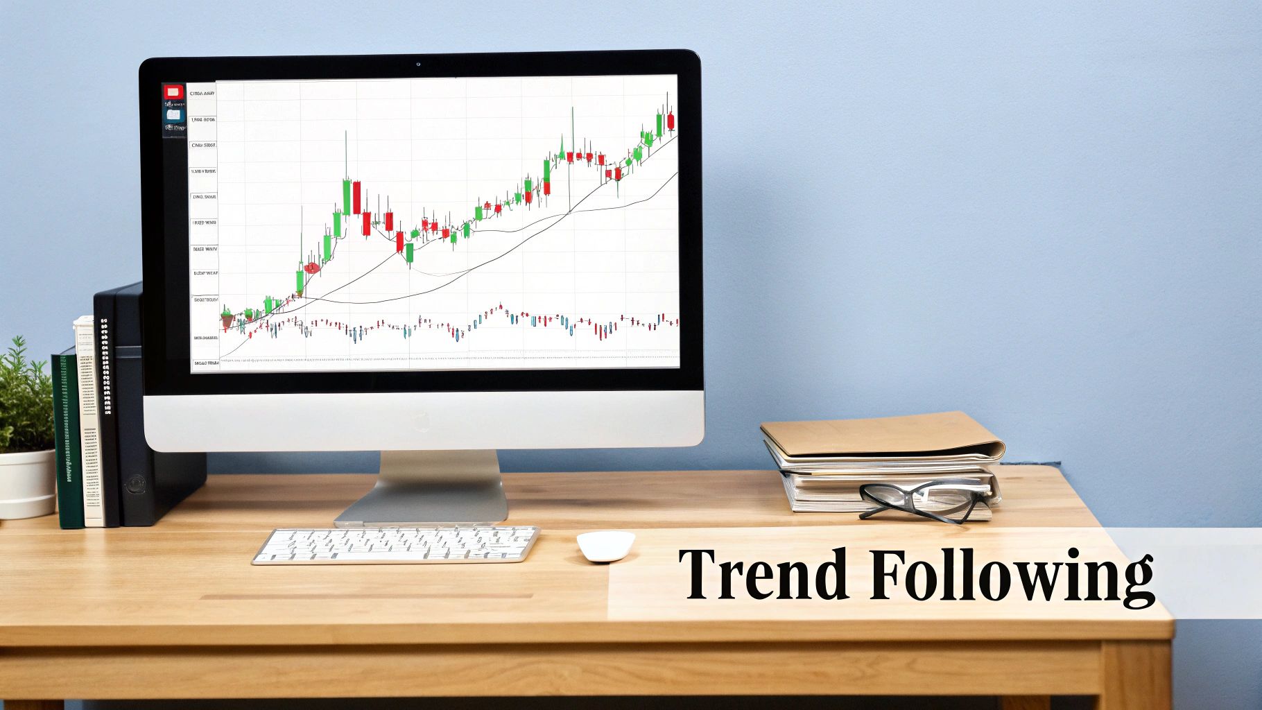 Desk setup with a monitor showing a stock chart and a 'Trend Following' banner. Desk setup with a monitor showing a stock chart and a 'Trend Following' banner.