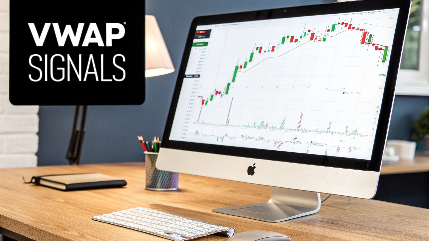 Desktop computer showing VWAP stock trading signals with a prominent sign on a wooden desk.