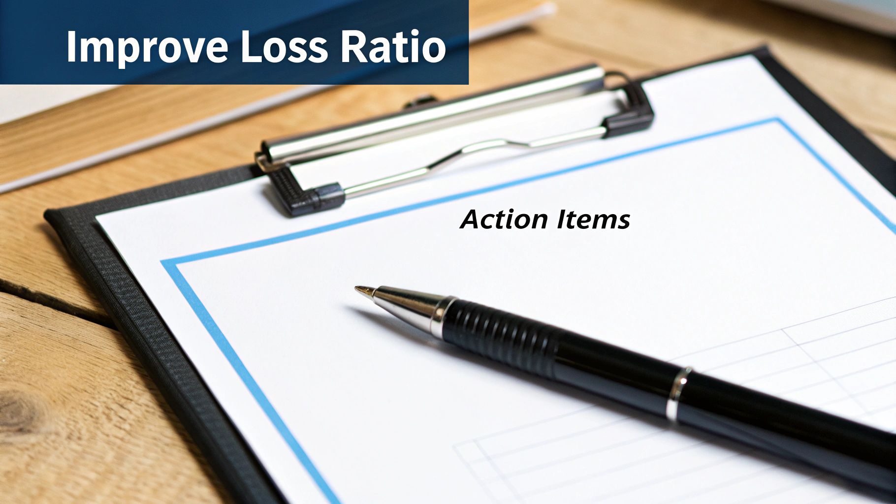 A pen rests on a clipboard with papers displaying 'Improve Loss Ratio' and 'Action Items' on a wooden desk.