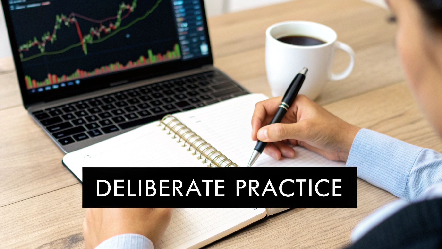 Person writing notes in a notebook next to a laptop displaying financial charts and a coffee mug.