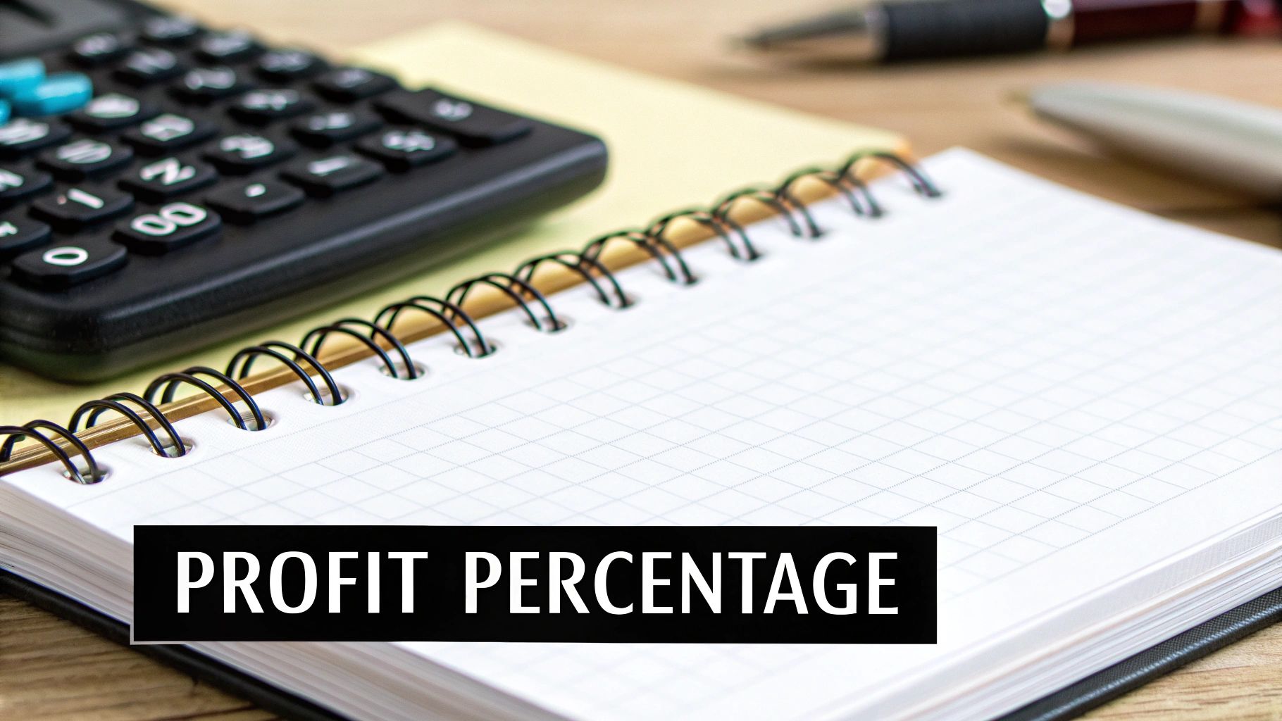 Close-up of a calculator, notebook, and pens, with 'PROFIT PERCENTAGE' text.