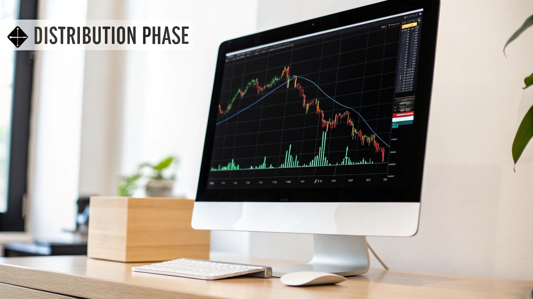 A desktop computer displays a financial distribution phase chart with trading data on a tidy office desk.