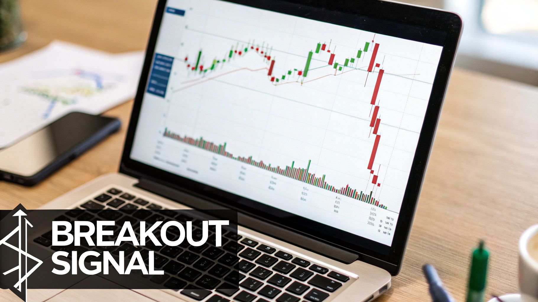 Laptop showing a stock market chart with a sharp red drop and a 'BREAKOUT SIGNAL' text overlay.