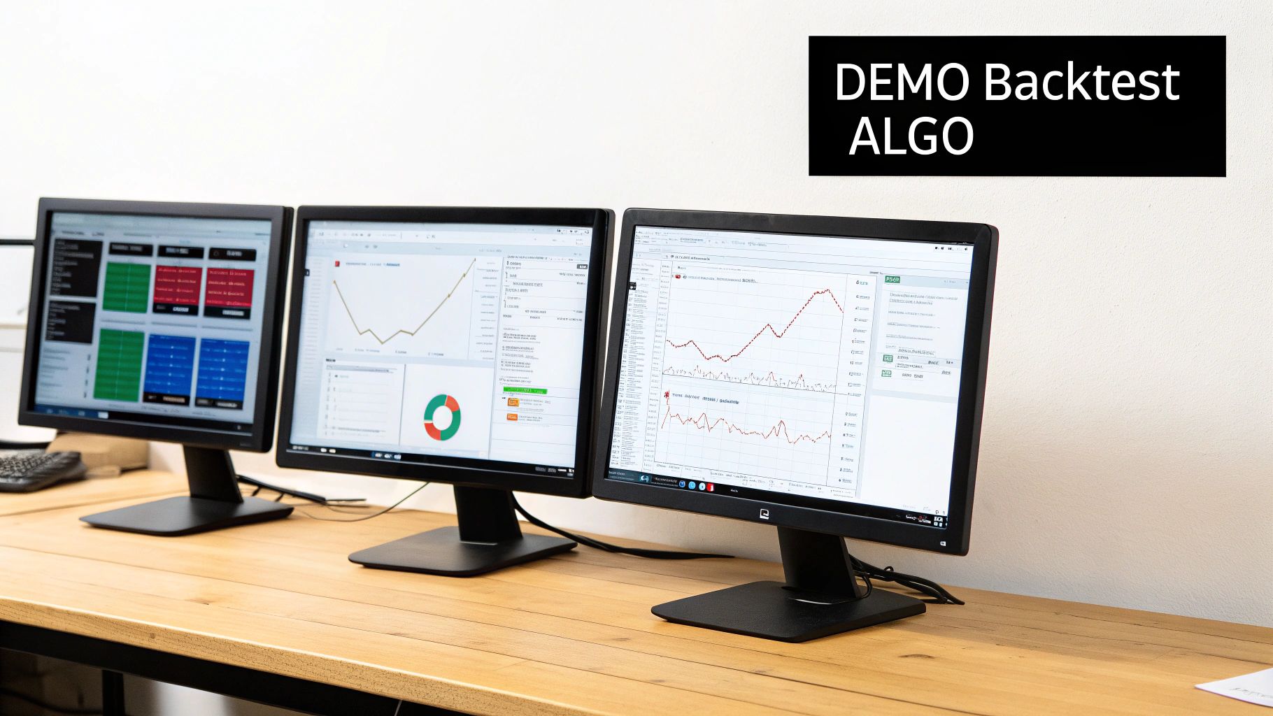 Three computer monitors display financial trading charts and data for backtesting algorithms on a wooden desk.