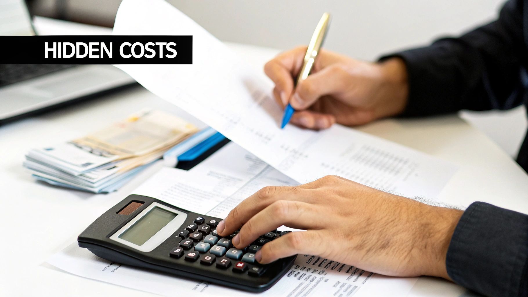 Hands calculating hidden costs with a calculator and writing on papers, surrounded by money.