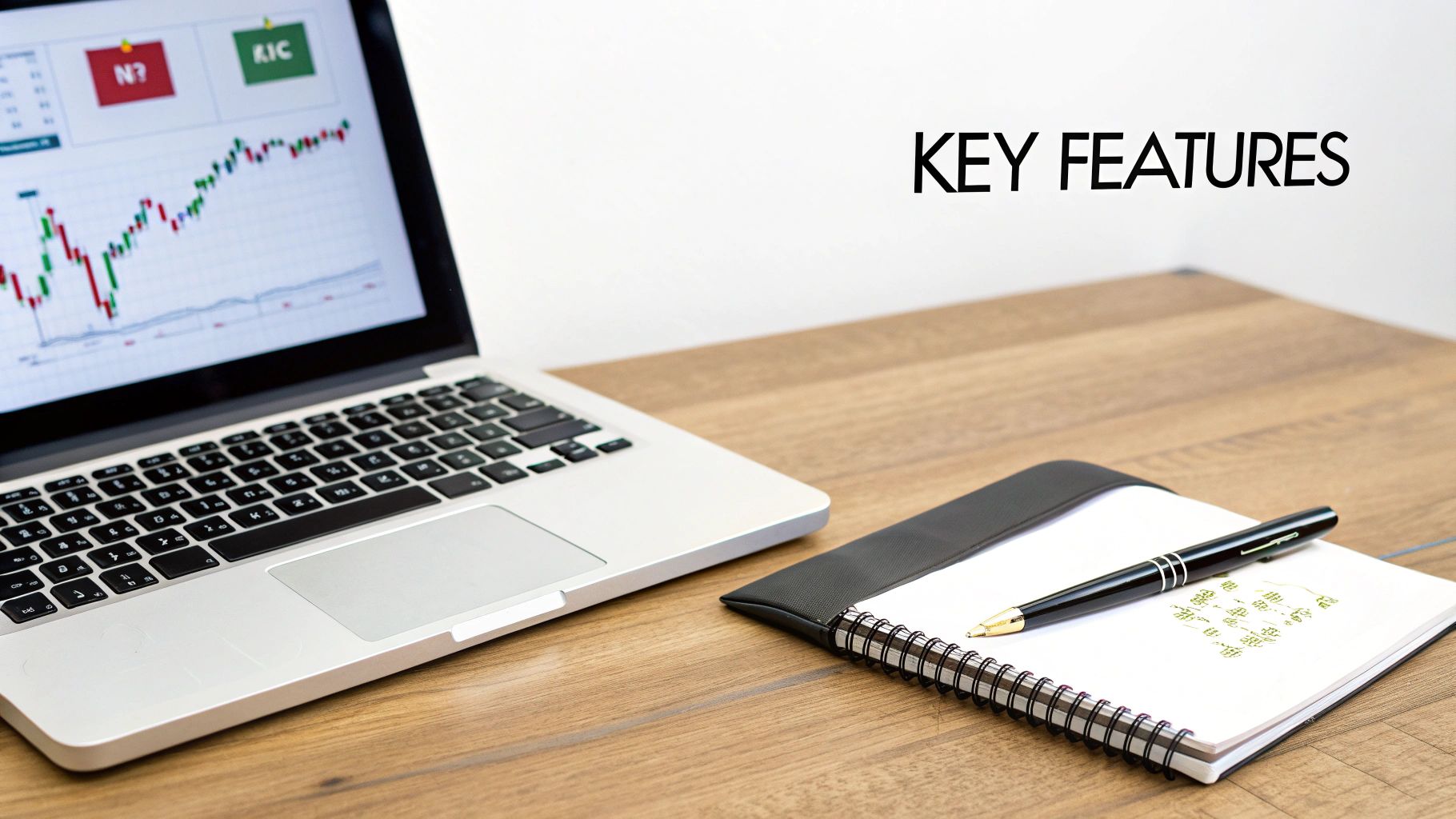 A laptop displaying a stock market chart, a notebook, a pen, and 'KEY FEATURES' text on a wooden desk.