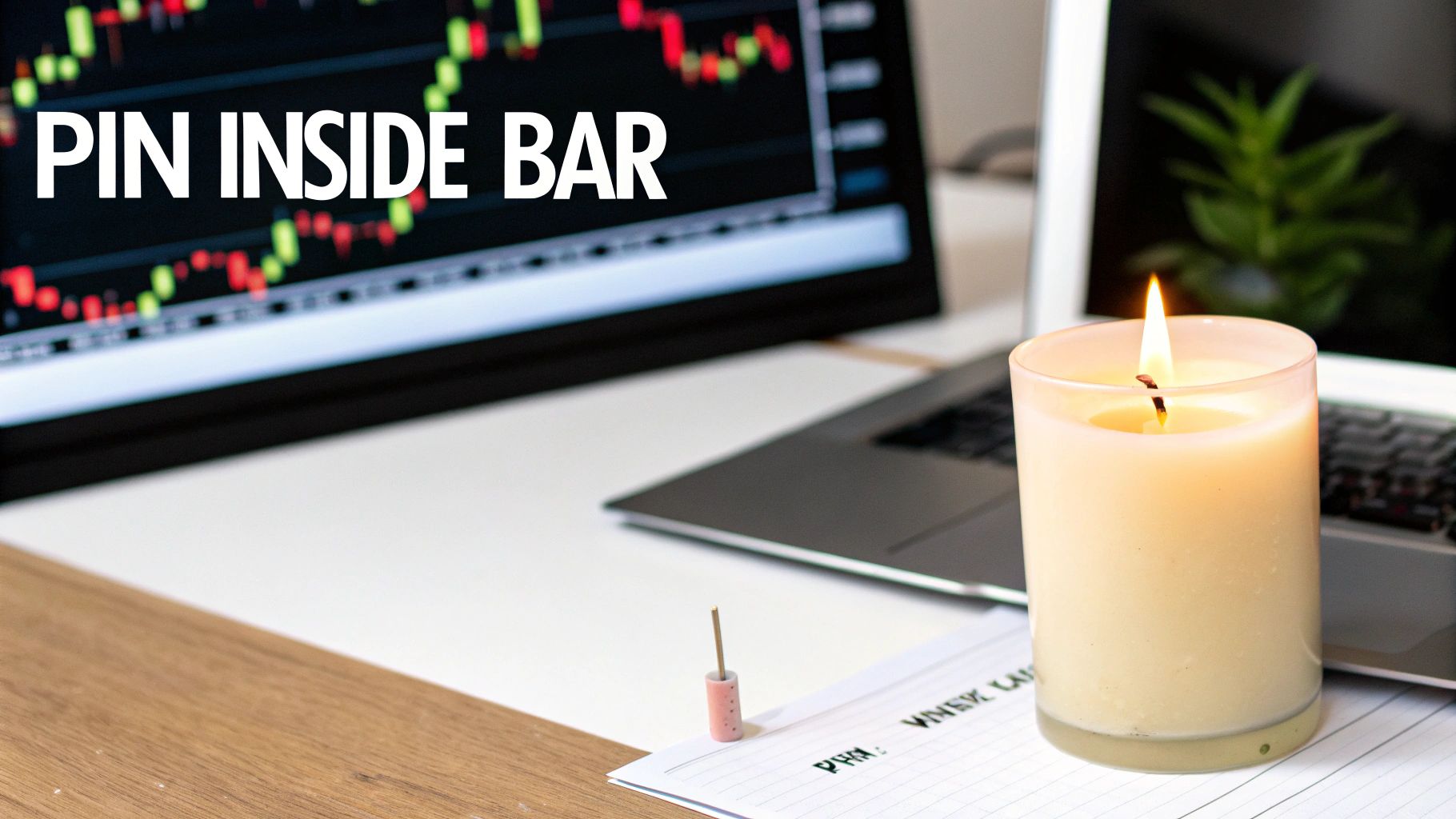 A laptop screen showing a stock chart with 'PIN INSIDE BAR' text, beside a lit candle on a desk.