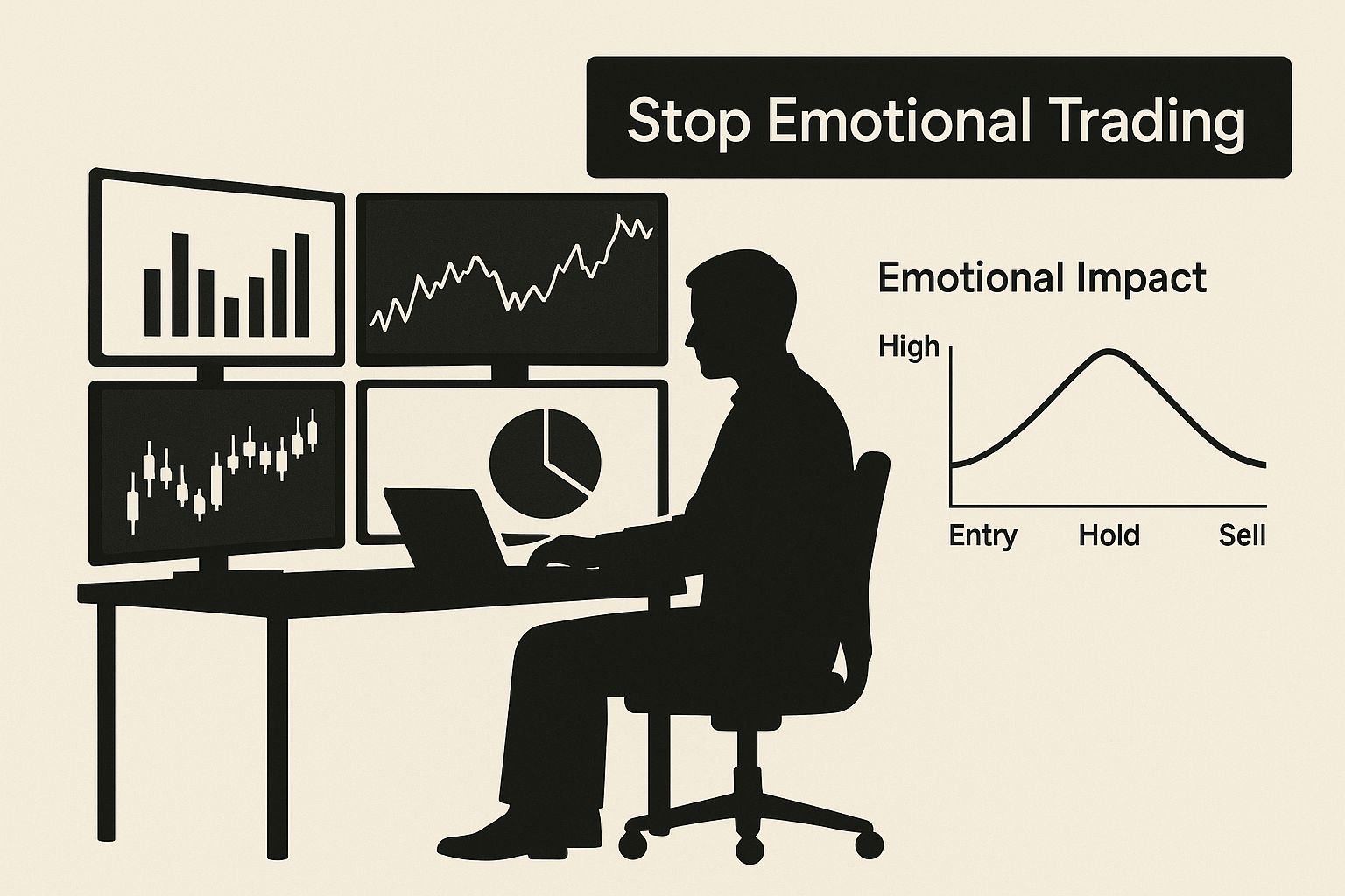 Infographic of a trader at a desk surrounded by screens, with text 'Stop Emotional Trading' in the corner. Infographic of a trader at a desk surrounded by screens, with text 'Stop Emotional Trading' in the corner.