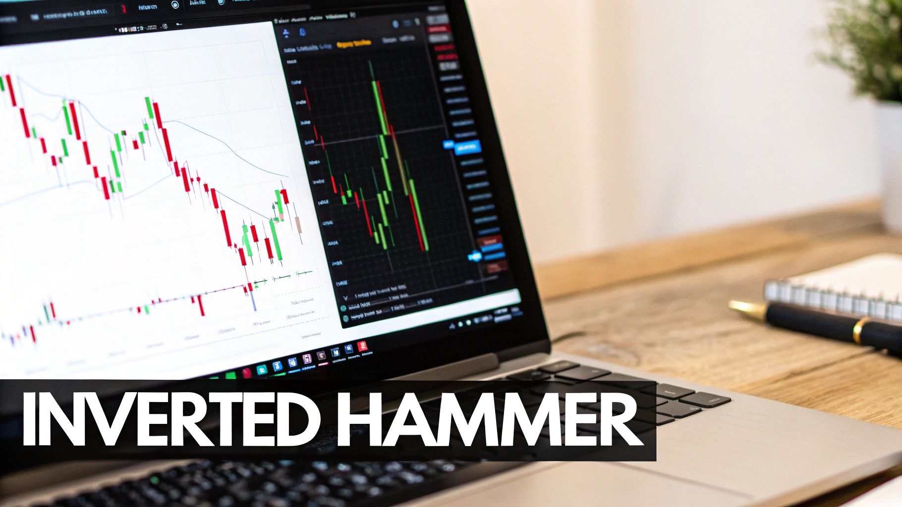Financial charts on a laptop screen with an 'INVERTED HAMMER' text overlay, showing stock trading data.
