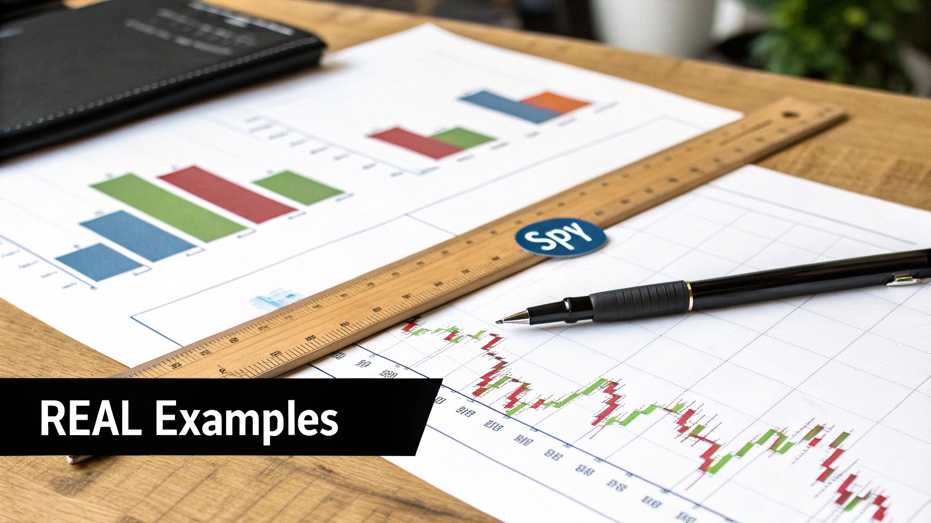 Desk with financial graphs, a ruler, pen, and 'Spy' token, illustrating market analysis.