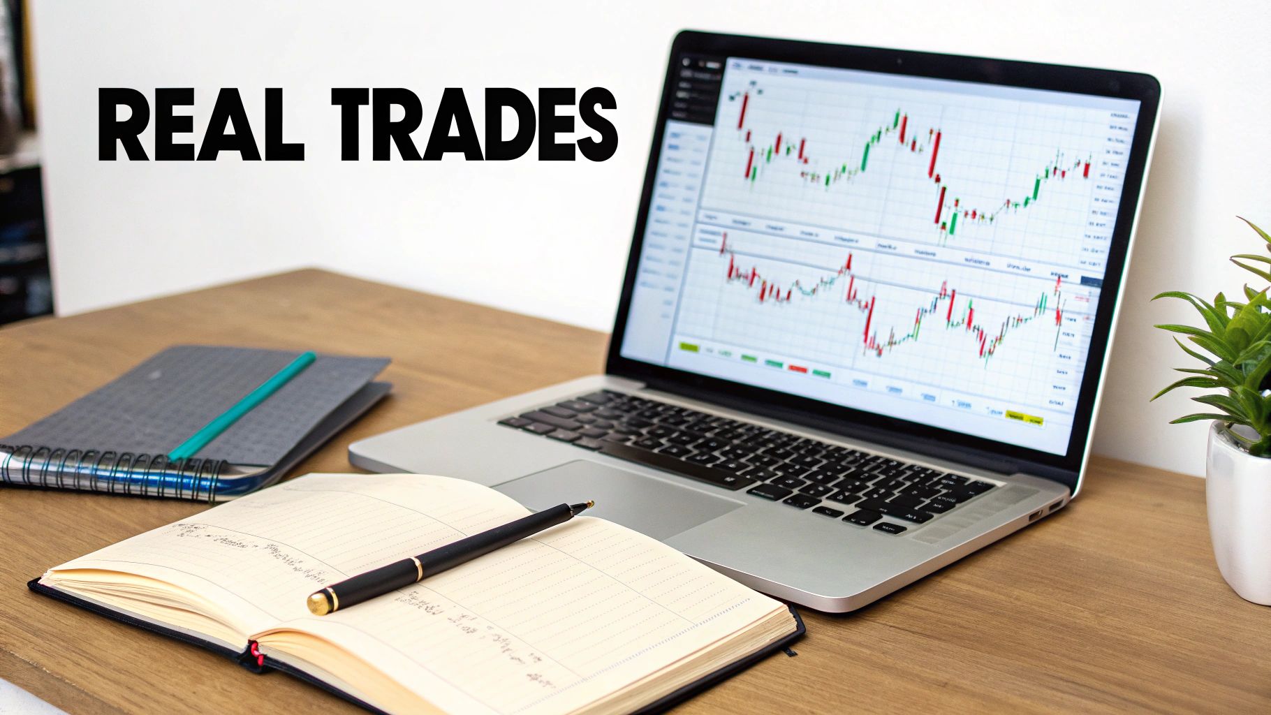 A laptop displays stock trading charts with notebooks, pens, and a plant on a wooden desk. Text reads 'REAL TRADES'.
