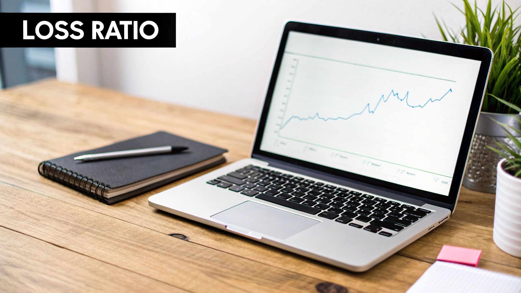 A laptop displaying a financial trend graph, a notebook, and a pen on a wooden desk with 'LOSS RATIO' overlay.