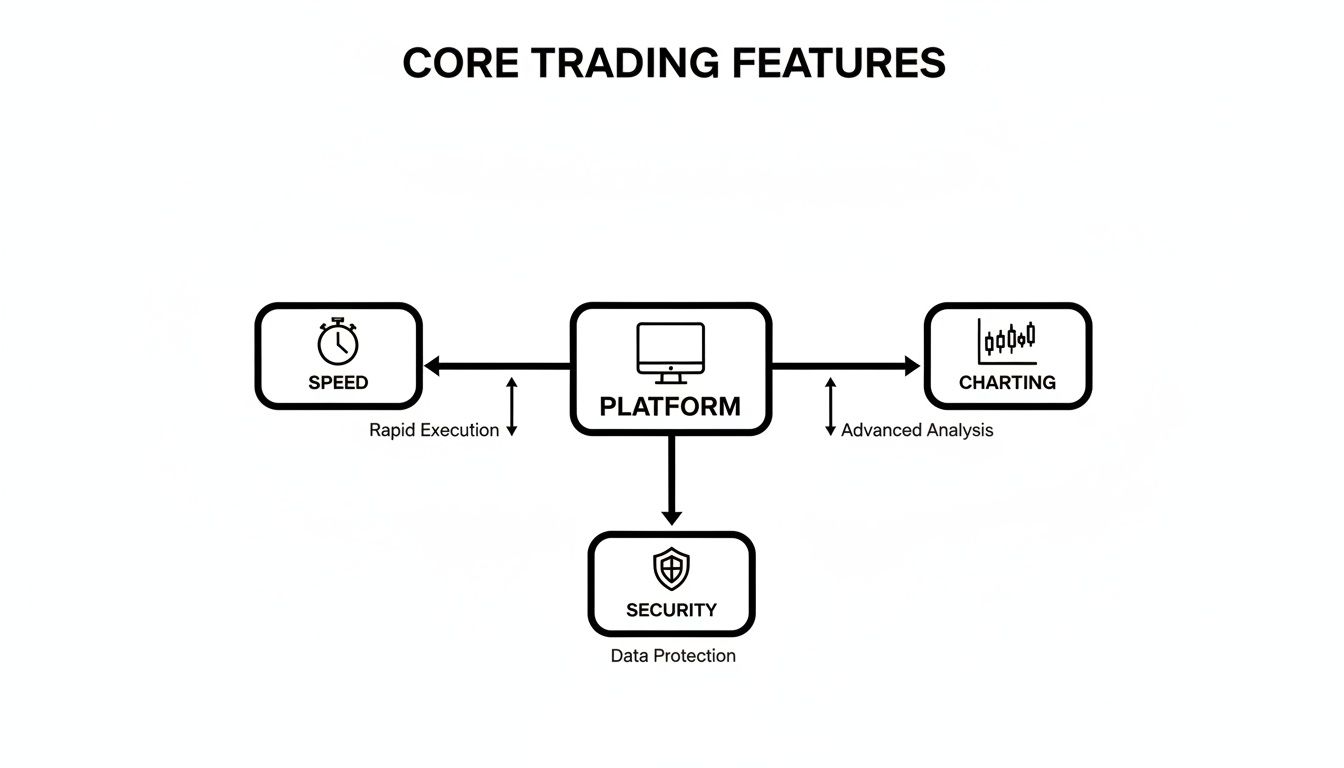 Diagram illustrating a trading platform's core features: speed for rapid execution, charting for advanced analysis, and security for data protection.