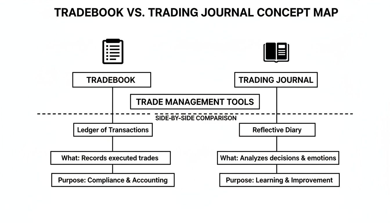 A concept map comparing Tradebook and Trading Journal, outlining their functions, what they record, and their purposes.