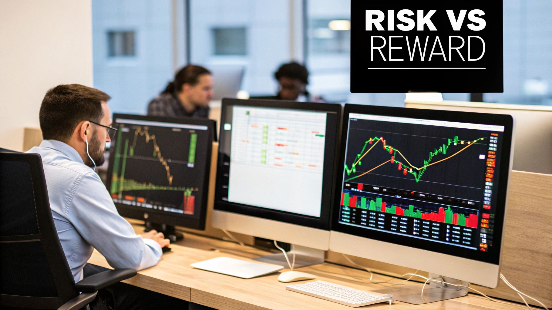 A trader analyzing risk reward ratio charts on a computer screen.