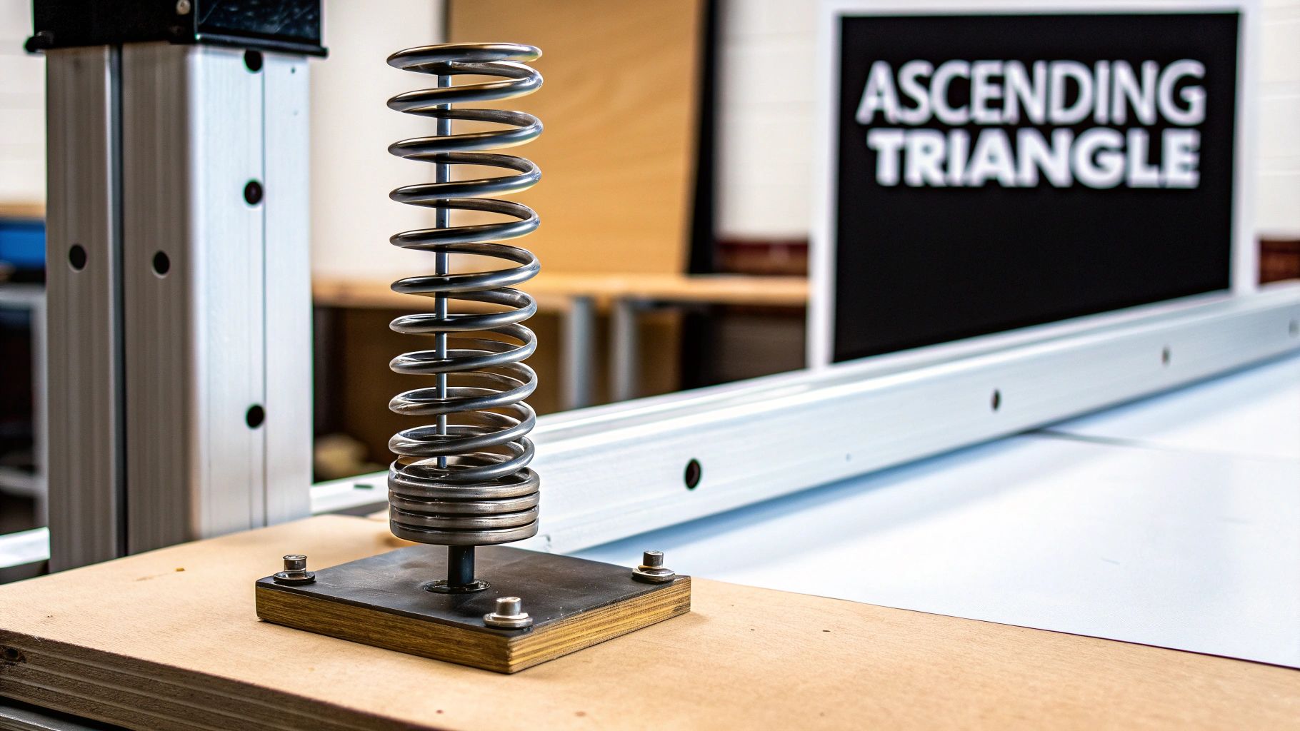 A large metal spring apparatus on a wooden base, with an "ASCENDING TRIANGLE" sign in the background.