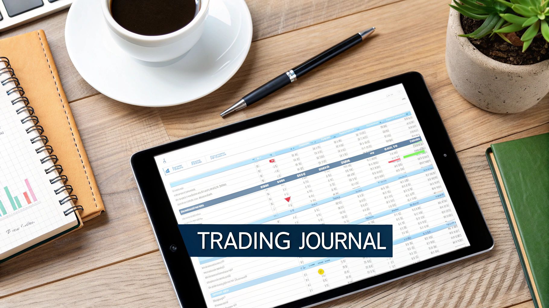 Digital trading journal displayed on a tablet, accompanied by a coffee, pen, notebook, and plant.